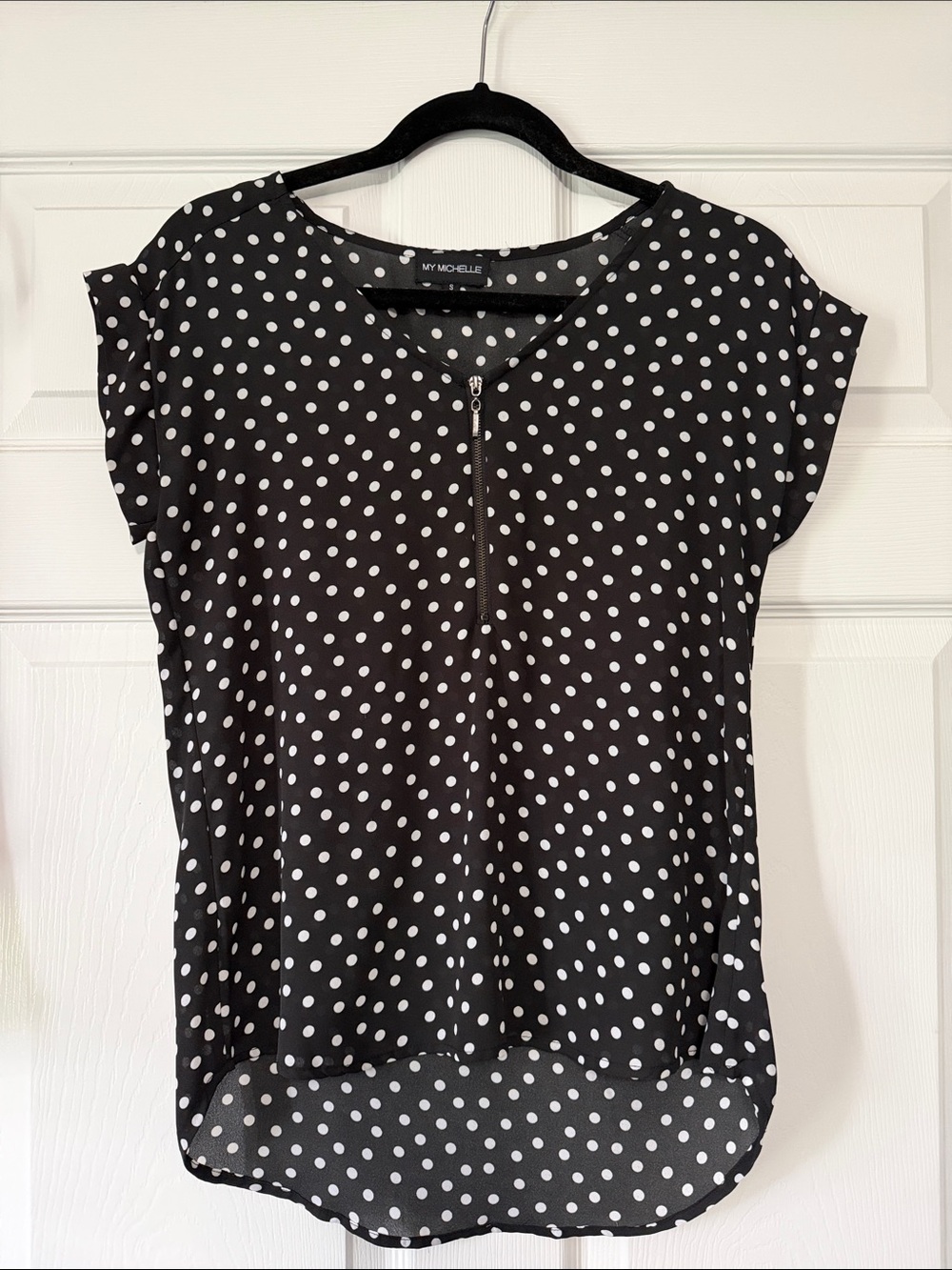 My Michelle Black & White Polka Dot Short Sleeve Zip Blouse